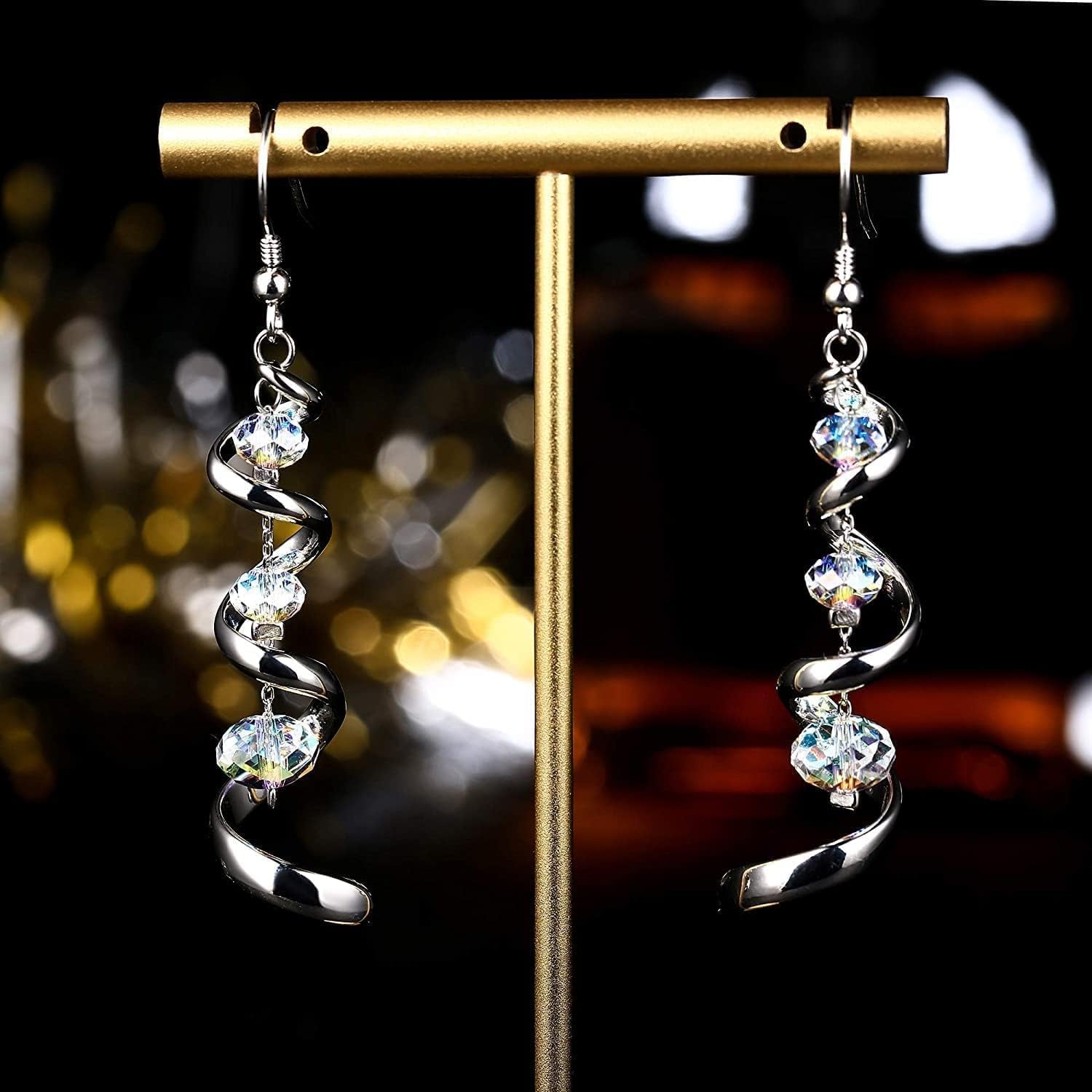 Crystal Dangle Earrings Long Drop Earrings for Women, 925 Sterling Silver Fishhook Earrings, Spiral Ribbon Multi Teardrop Sparkly Crystal Drop Dangly Earrings Jewellery Gifts for Her