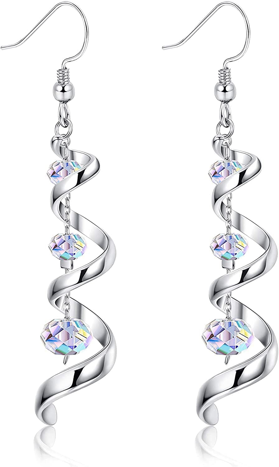 Crystal Dangle Earrings Long Drop Earrings for Women, 925 Sterling Silver Fishhook Earrings, Spiral Ribbon Multi Teardrop Sparkly Crystal Drop Dangly Earrings Jewellery Gifts for Her