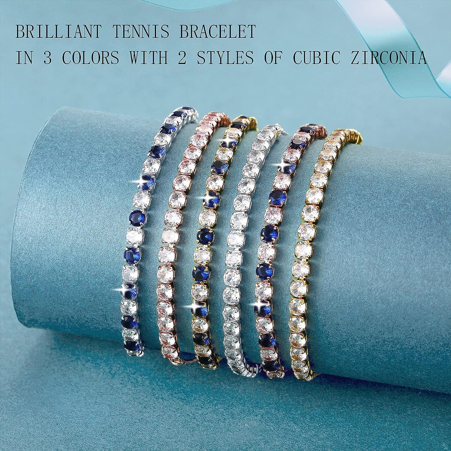 Clear/Blue Diamond Zirconia Tennis Bracelet for Women,Slider Bracelet in Silver/Gold/Rose Gold, Adjustable Bracelet in Size 3-9Inch, Gift for Her.