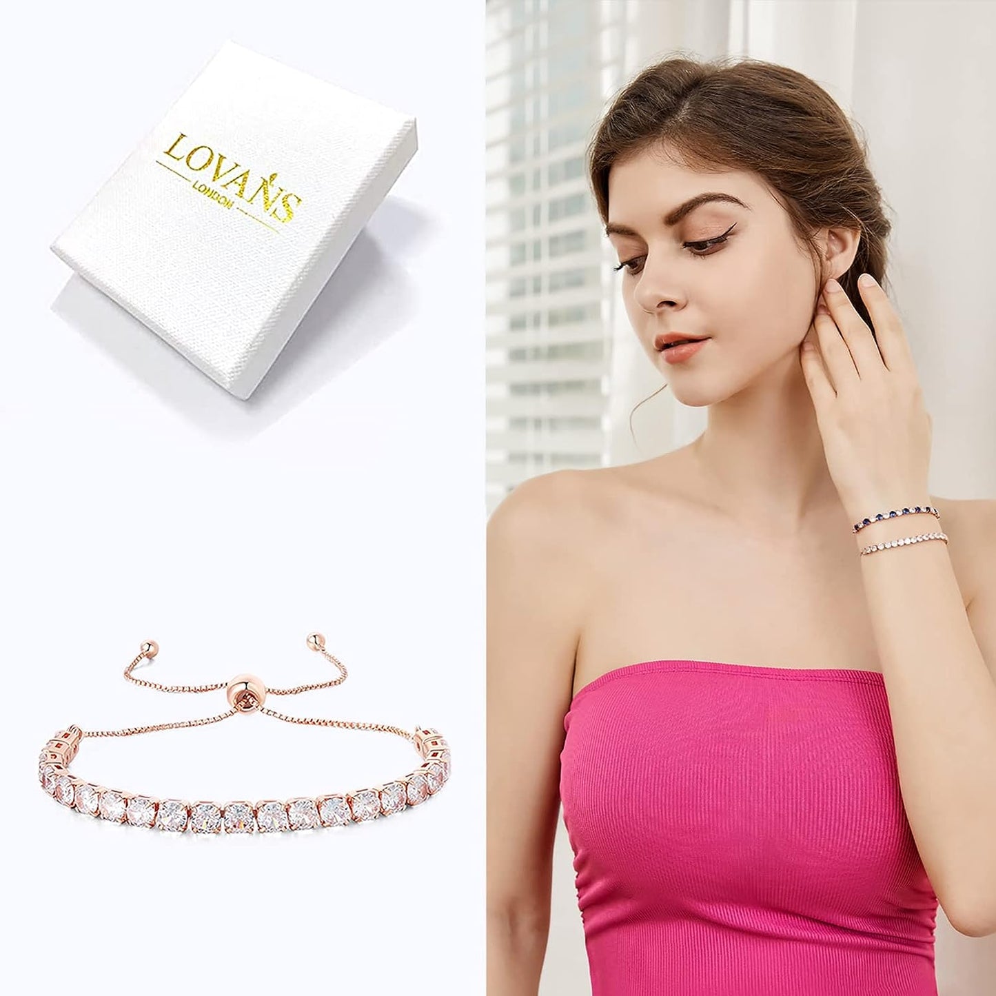 Clear/Blue Diamond Zirconia Tennis Bracelet for Women,Slider Bracelet in Silver/Gold/Rose Gold, Adjustable Bracelet in Size 3-9Inch, Gift for Her.