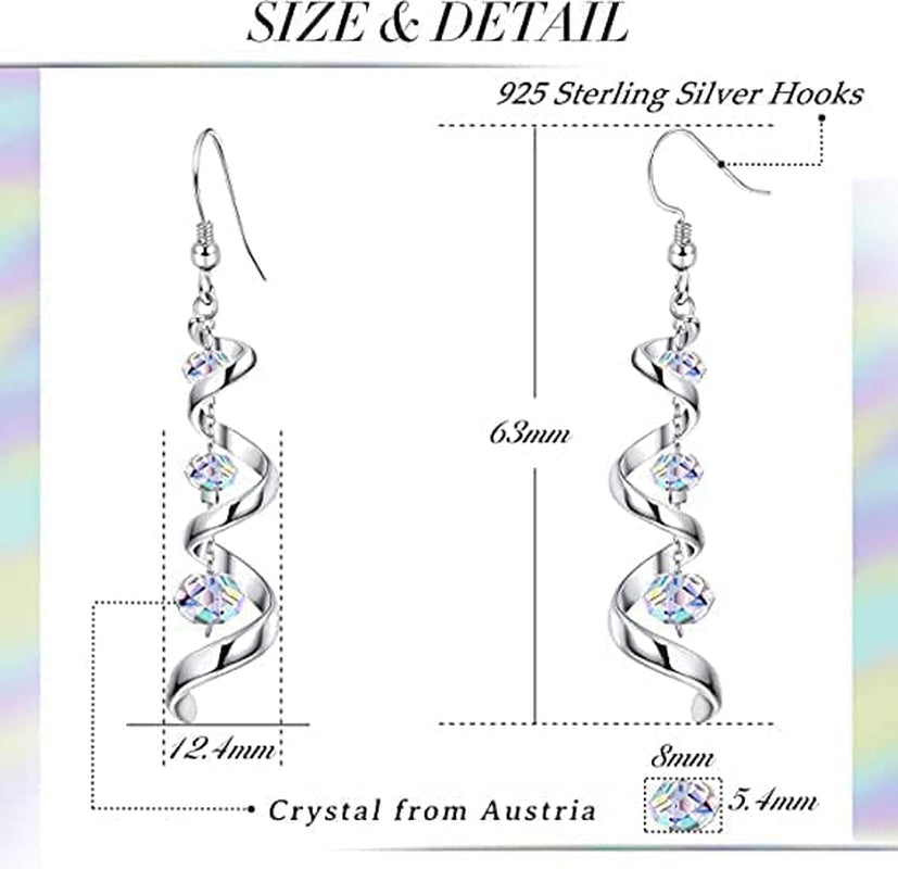 Crystal Dangle Earrings Long Drop Earrings for Women, 925 Sterling Silver Fishhook Earrings, Spiral Ribbon Multi Teardrop Sparkly Crystal Drop Dangly Earrings Jewellery Gifts for Her