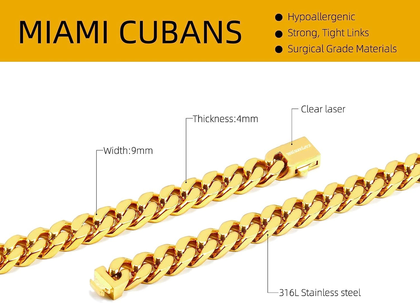 Miami Cuban Chain Necklace for Men/Women Double Safety Clasp Hip Hop Jewely,