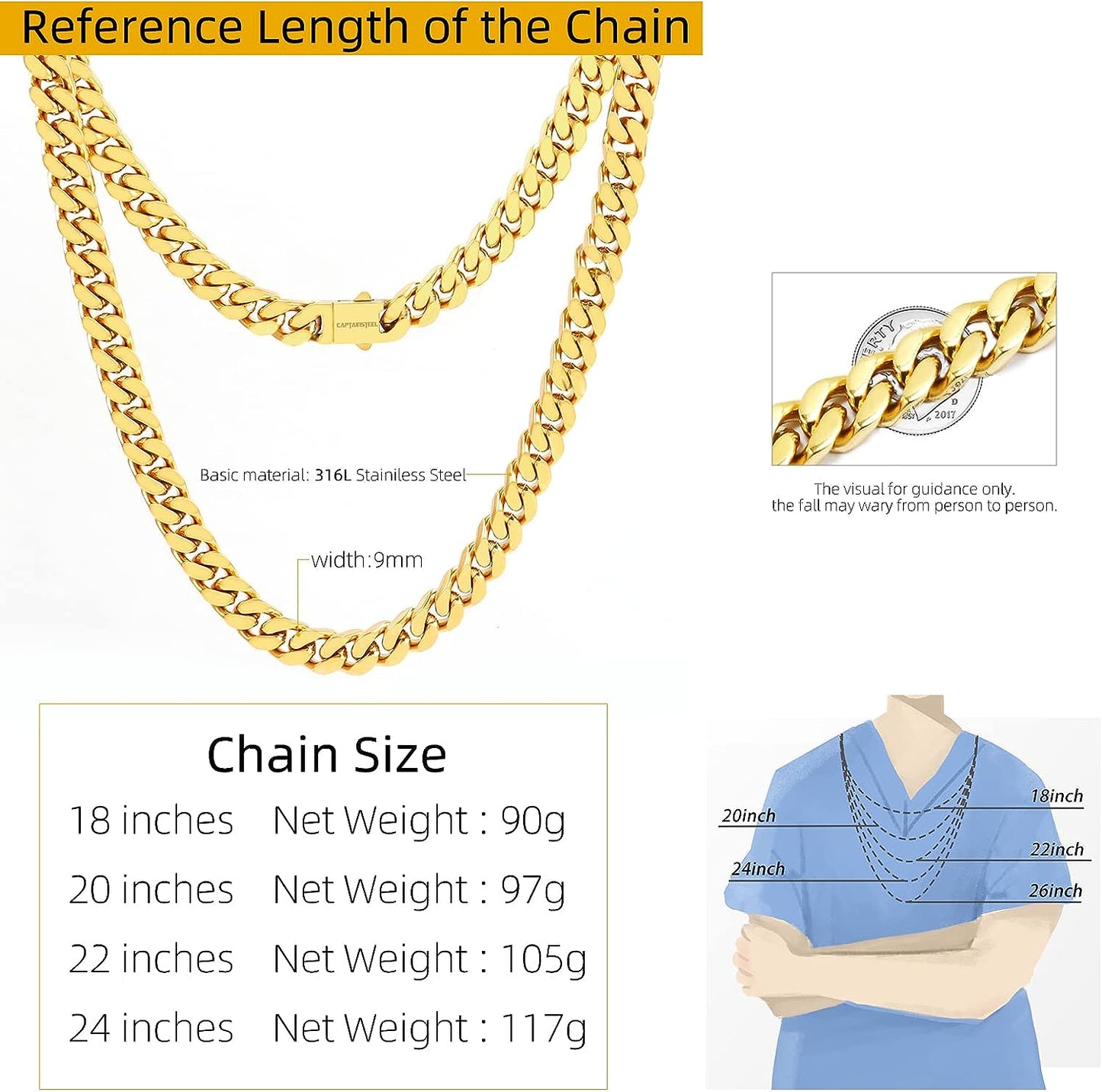 Miami Cuban Chain Necklace for Men/Women Double Safety Clasp Hip Hop Jewely,