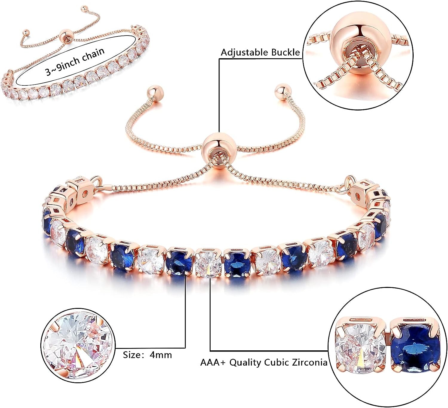 Clear/Blue Diamond Zirconia Tennis Bracelet for Women,Slider Bracelet in Silver/Gold/Rose Gold, Adjustable Bracelet in Size 3-9Inch, Gift for Her.