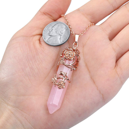 Rose Quartz Crystal Healing Pendant Necklace for Women, Rose Gold Flower Wrapped Pink Hexagonal Gemstone Healing Point Chakra Stone Necklace Jewellery Mothers Day Mum Gifts