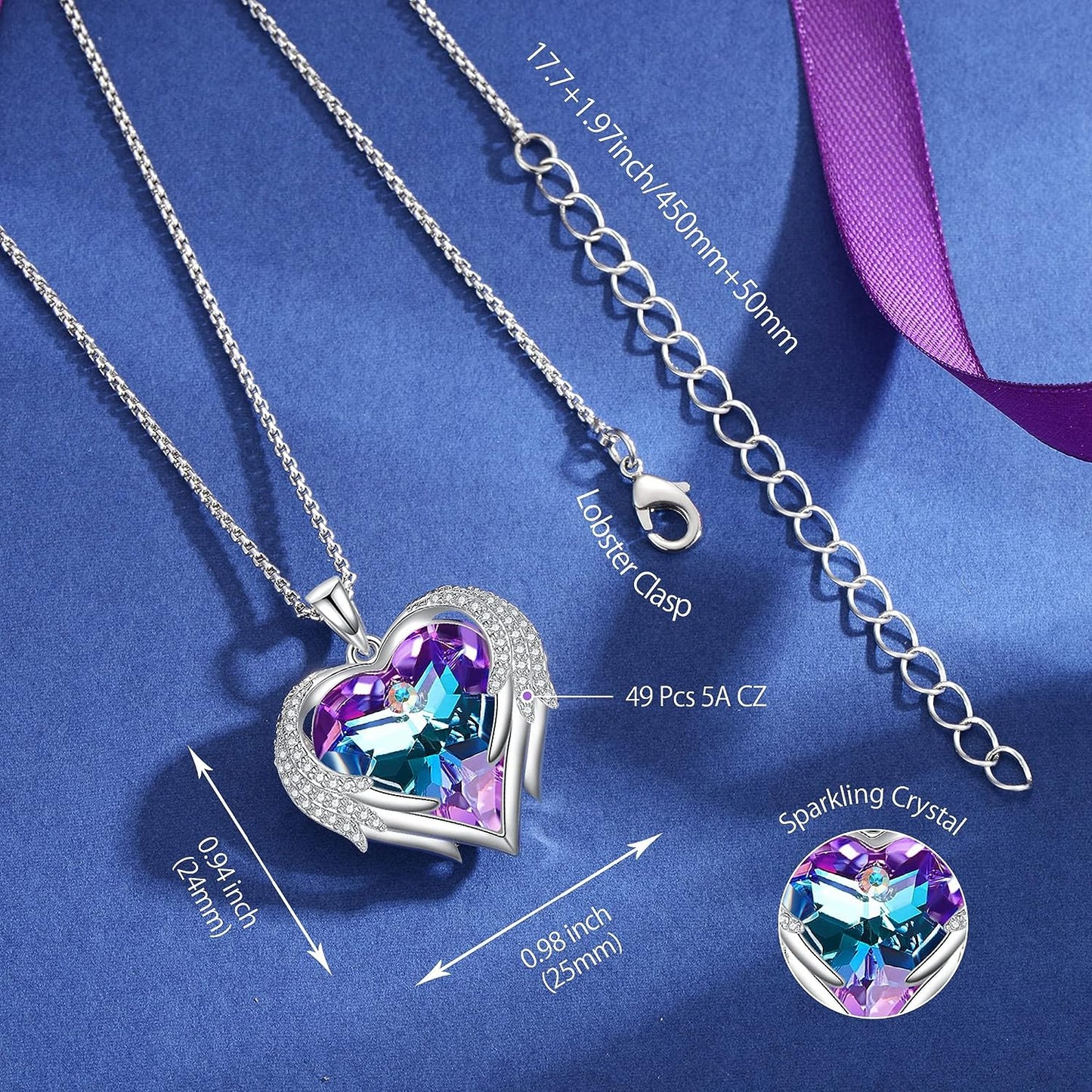 Angel Wing Heart Necklaces for Women White Gold Plated Silver Tone Pendant Necklaces 5A Cubic Zirconia Necklace Austria Crystal Mother'S Day Birthday Jewellery Gifts for Mom Girlfriend Wife Her