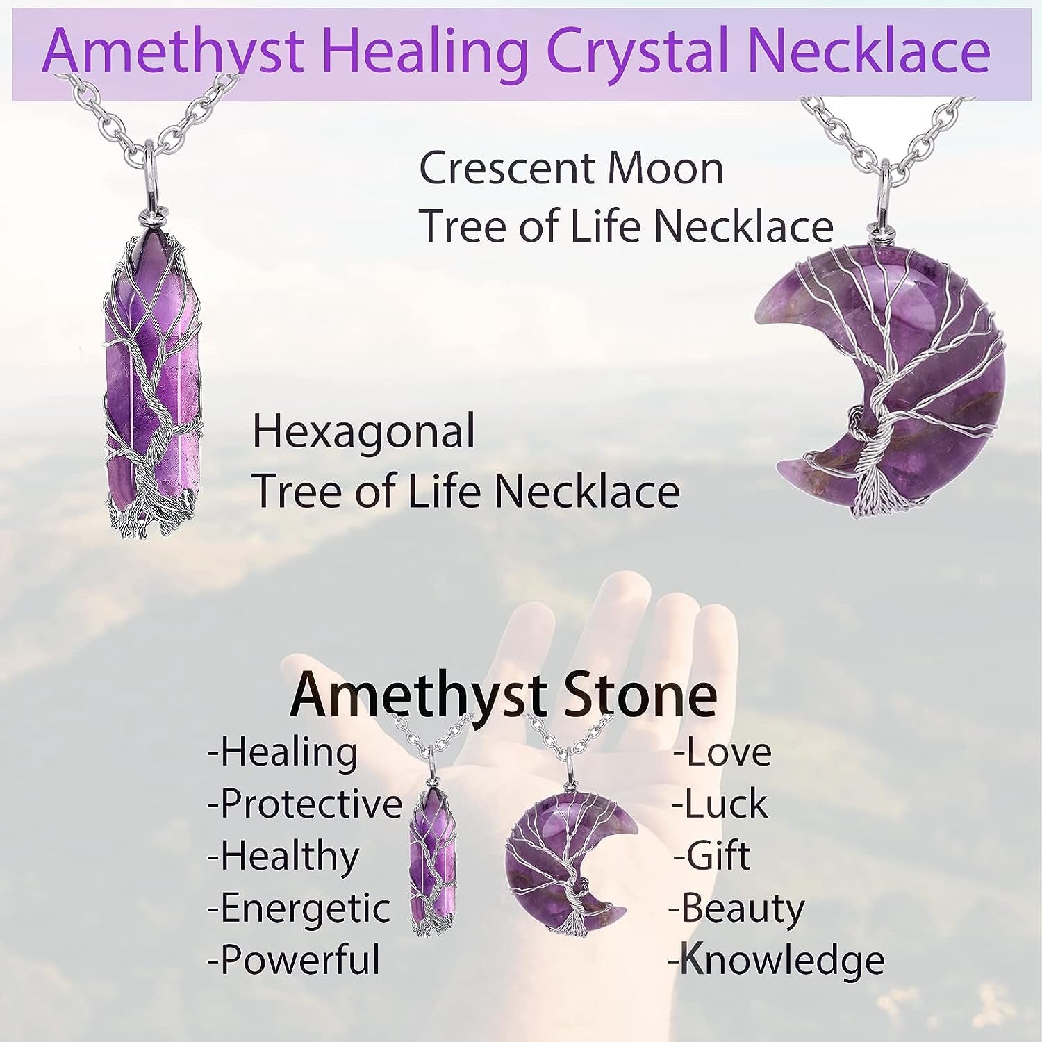 Amethyst Healing Crystal Stone Necklace Silver Wire Wrapped Crescent Moon Pendant Crystal Necklaces for Women Amethyst Jewellery Quartz Crystal Reiki Gemstone Necklace Valentines Gift