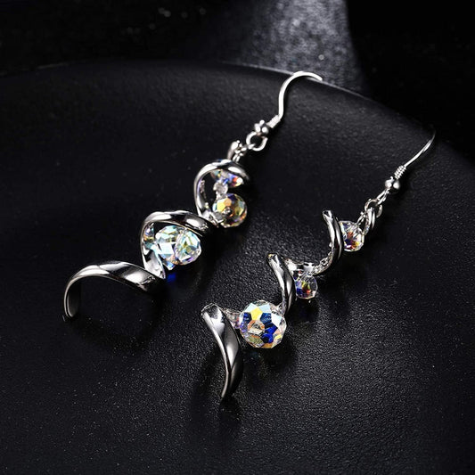 Crystal Dangle Earrings Long Drop Earrings for Women, 925 Sterling Silver Fishhook Earrings, Spiral Ribbon Multi Teardrop Sparkly Crystal Drop Dangly Earrings Jewellery Gifts for Her