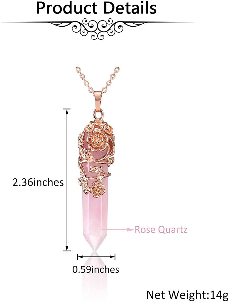 Rose Quartz Crystal Healing Pendant Necklace for Women, Rose Gold Flower Wrapped Pink Hexagonal Gemstone Healing Point Chakra Stone Necklace Jewellery Mothers Day Mum Gifts