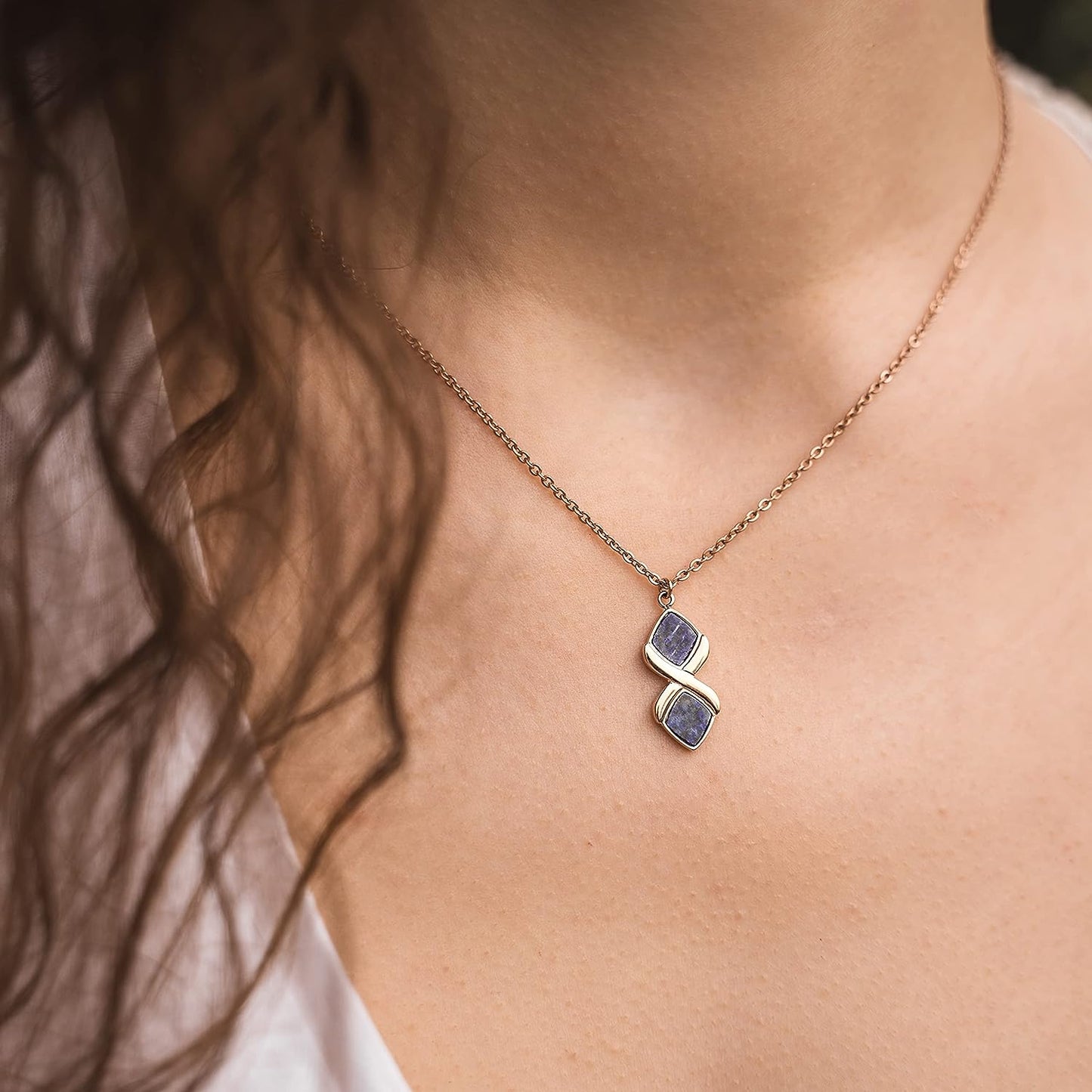 Mosaic Necklace 24K Rose Gold Necklace for Women Real Blue Lapis Lazuli Crystal Necklace Jewellery Dainty Gold Necklace Adjustable Length Pendant Cute Necklaces for Women Choker